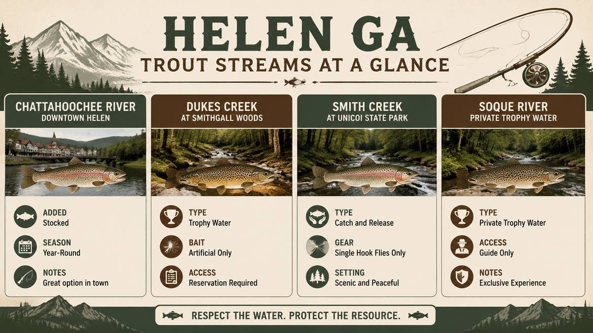 Helen GA trout streams comparison chart showing Chattahoochee River, Dukes Creek, Smith Creek, and Soque River