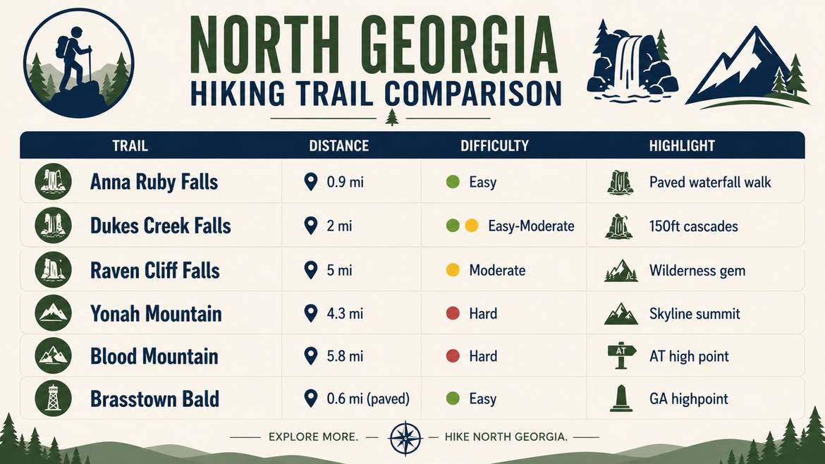 North Georgia hiking trail comparison chart: distance, difficulty, and highlights