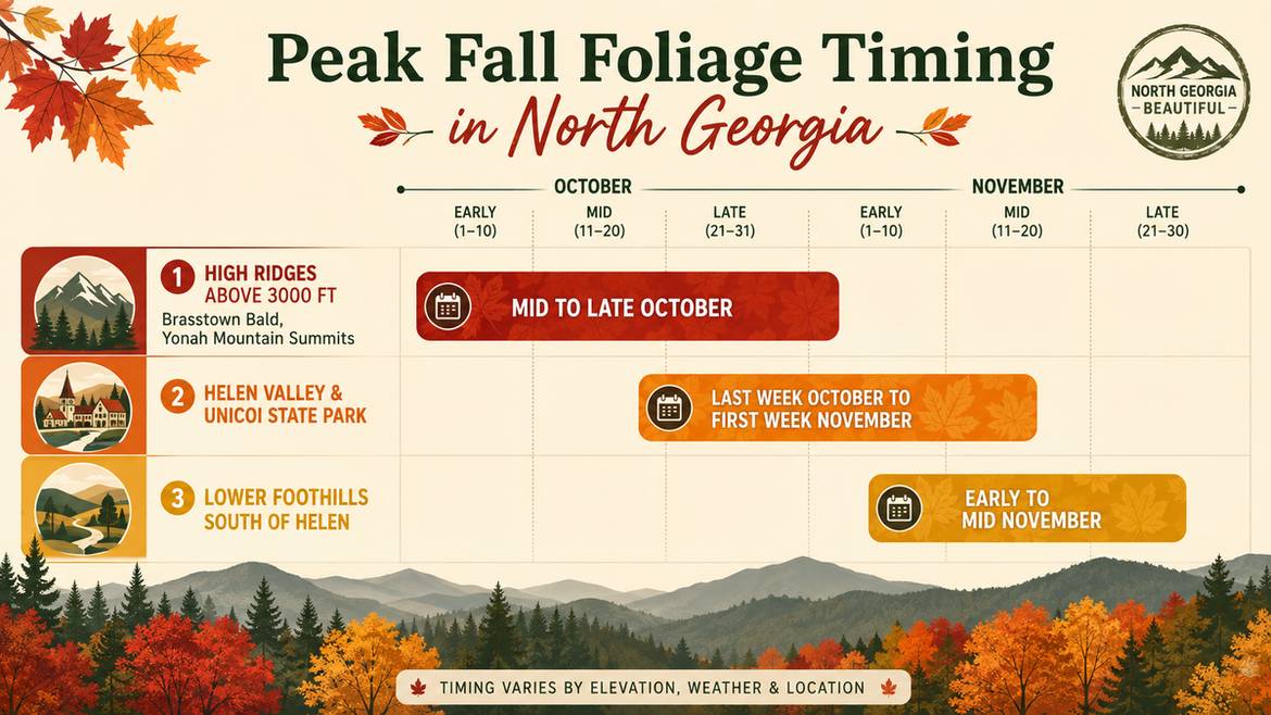 Infographic showing peak fall foliage timing in North Georgia across three elevation tiers