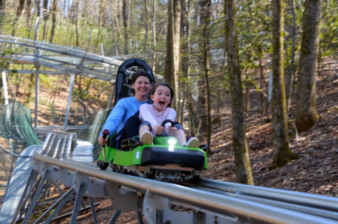 Georgia Mountain Coaster track winding through forested hillside near Helen GA